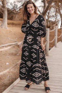 Robe longue Ida imprimé ethnique noir